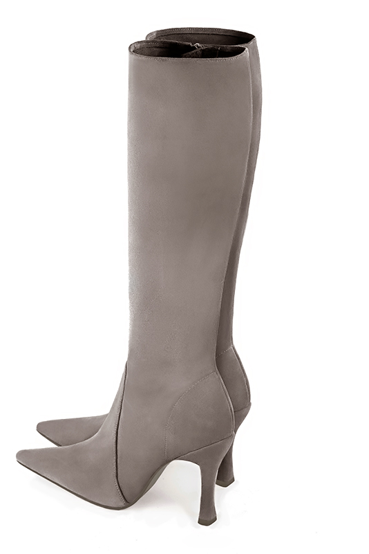 Bronze beige women's feminine knee-high boots. Pointed toe. Very high spool heels. Made to measure. Rear view - Florence KOOIJMAN